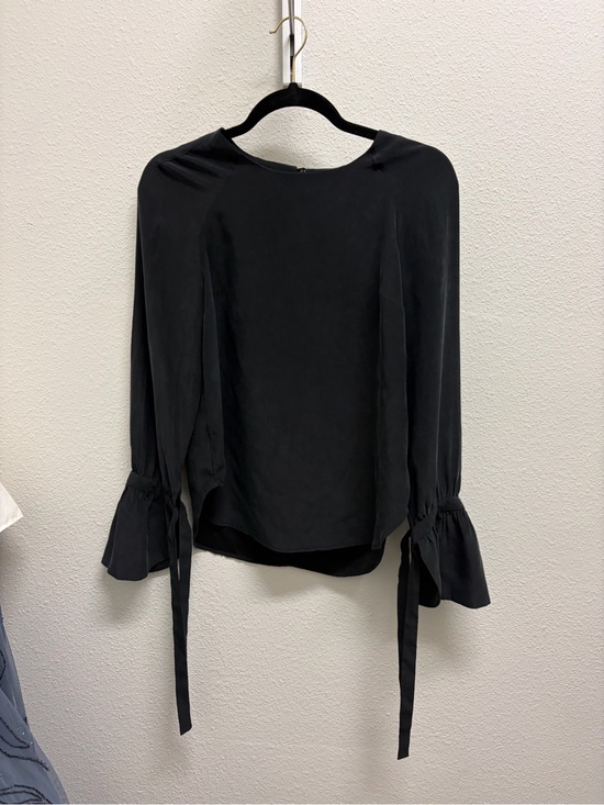 frame Tops - FRAME Women's Black Silk Satin Blouse XS Long Sleeve Round Neck Button Tie